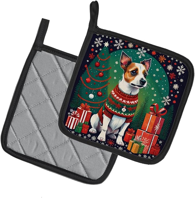 Caroline's Treasures Jack Russell Terrier Christmas Pair of Pot Holders Kitchen Heat Resistant Pot Holders Sets Oven Hot Pads for Cooking Baking BBQ, 7 1/2 x 7 1/2