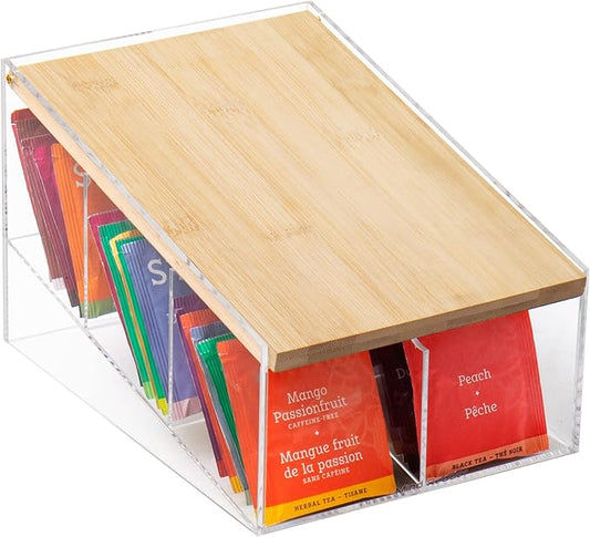 Mind Reader Tea Bag Organizer, Tea Station, Countertop Storage, Acrylic, 6.25"L x 9"W x 5.5"H, Brown