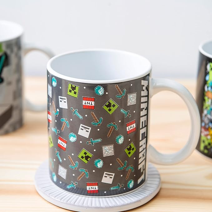 Zak Designs Minecraft Mug Unique Ceramic Coffee Cup Set, Can Coffee Mugs with Comfortable Handle for Gamer Gifts, Dishwasher and Microwave Safe (11.5 oz, 4-Piece Set)