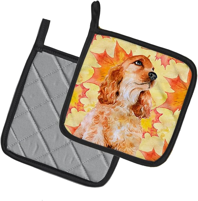 Caroline's Treasures BB9967PTHD Cocker Spaniel Fall Pair of Pot Holders, Yellow Kitchen Heat Resistant Pot Holders Sets Oven Hot Pads for Cooking Baking BBQ, 7 1/2 x 7 1/2