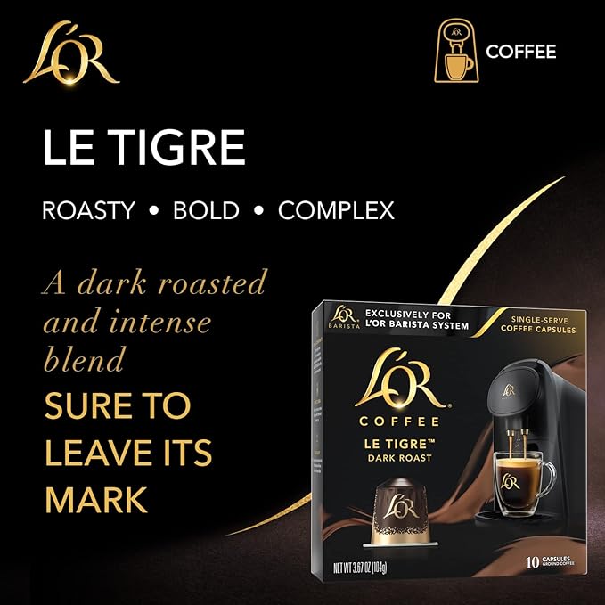 L'OR Coffee Pods, 50 Count Le Tigre Dark Roast Blend, Single-Serve Aluminum Coffee Capsules Compatible with the L'OR BARISTA System & *Nespresso Original Machines, 50 Count (Pack of 5)