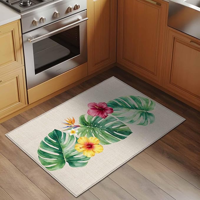 Area Rug 2x3ft, Country Monstera Hibiscus Foliage Washable Rugs for Living Room Bedroom, Tropical Plant Vintage Linen Soft Non-Slip Area Rugs Rectangle Floor Carpet for Dining Room