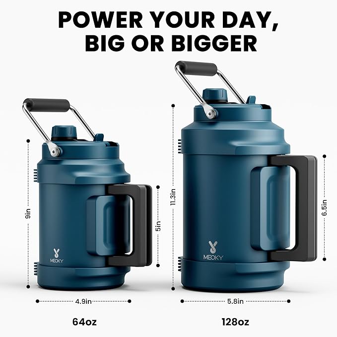 1 Gallon Insulated Water Bottle for Sports: Meoky 128 oz Triple Wall Vacuum Stainless Steel Water Jug - Top and Side Handles, Cold for 48 Hrs, 2-in-1 Straw and Spout Lid, Leak Proof for Hiking (Denim)