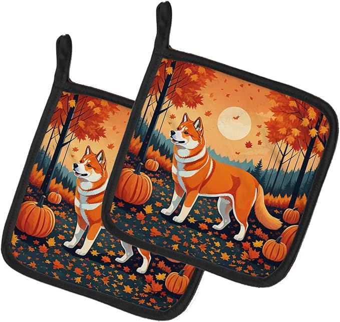 Caroline's Treasures DAC1004PTHD Akita Fall Pair of Pot Holders Kitchen Heat Resistant Pot Holders Sets Oven Hot Pads for Cooking Baking BBQ, 7 1/2 x 7 1/2