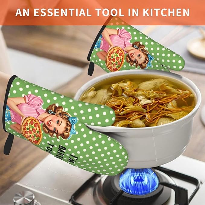 2 Pcs Funny Oven Mitts I'm Baked Too Heat Resistant Non-Slip Kitchen Gloves with Hanging Loop Housewarming Gifts for Baking Lover Family Friend