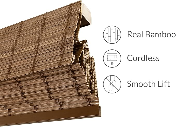 CHICOLOGY Bamboo Roman Shade, Cordless Light Filtering Woven Wood Window Treatment for Living Room, Dining Room, Kitchen & Office, Natural Bamboo Blinds for Boho Coastal Decor, Elk, 39" W x 64" H