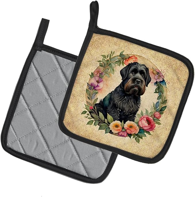 Caroline's Treasures Black Russian Terrier and Flowers Pair of Pot Holders Kitchen Heat Resistant Pot Holders Sets Oven Hot Pads for Cooking Baking BBQ, 7 1/2 x 7 1/2