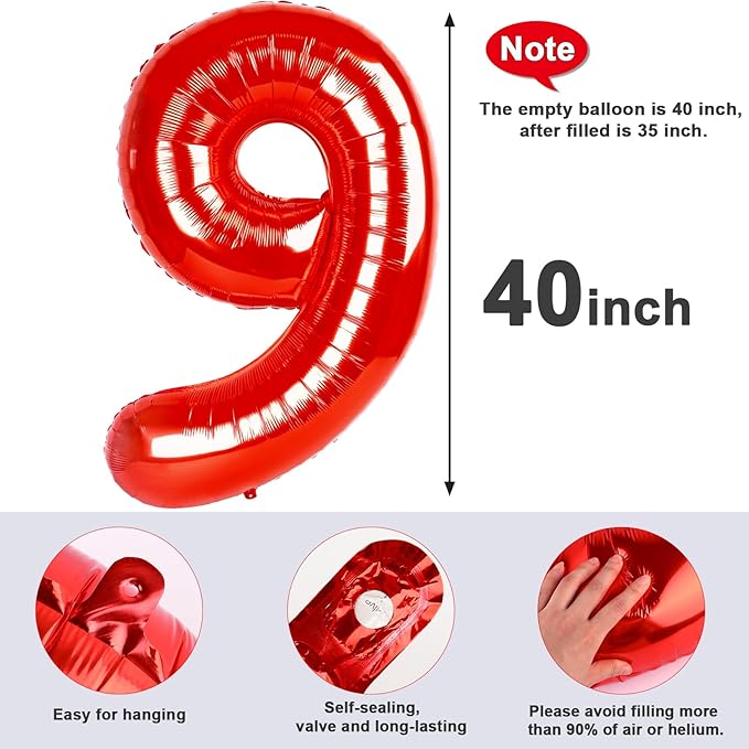 40 Inch Red Numbers 9 Balloon, Balloons Decorations for 9 19 90 Birthday Party, Engagement, Wedding, Graduations, Photo Shoot Supplies