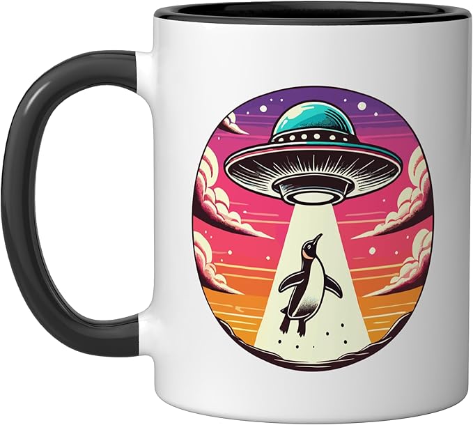 Penguin Abducted Alien Spacecraft Outer Space Abduction Ceramic Mug, Black/White
