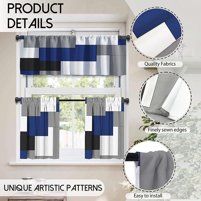 MCALK Navy Blue Blackout Kitchen Curtains Tiers and Valances Set 3 Piece for Windows Grey and Black Kitchen Window Curtains Set,White Modern Abstract Art Valances for Living Room(36" Tiers Set)