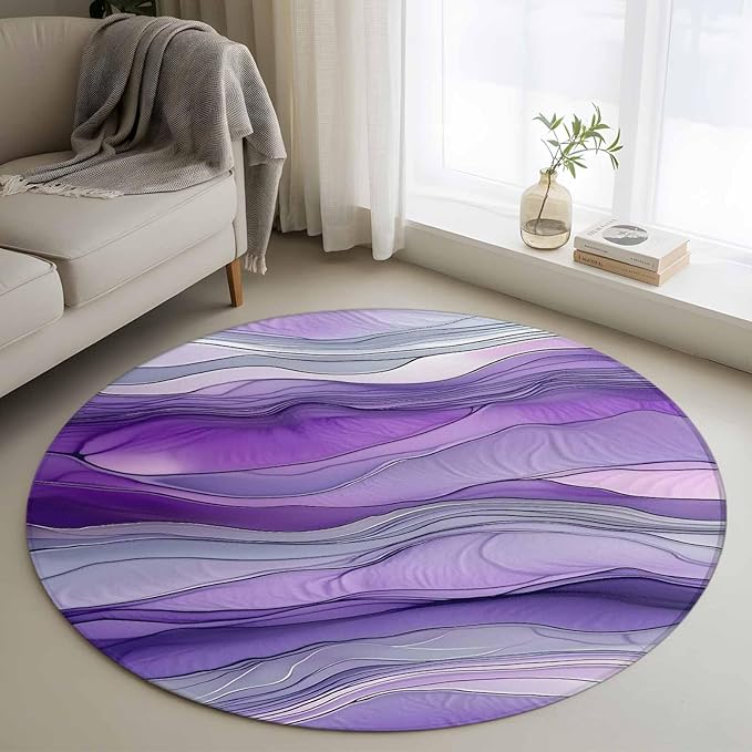 Washable Round Area Rug Abstract Art Purple Gray Wave Circle Rugs Floor Carpet for Living Room Bedroom, Vintage Marble Texture Soft Non Slip Round Rug 4ft