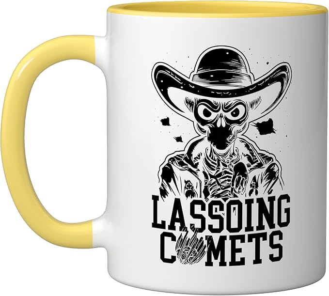 Alien Lover Flying Saucer UFO Extraterrestrial Cowboy Ceramic Mug, Yellow/White