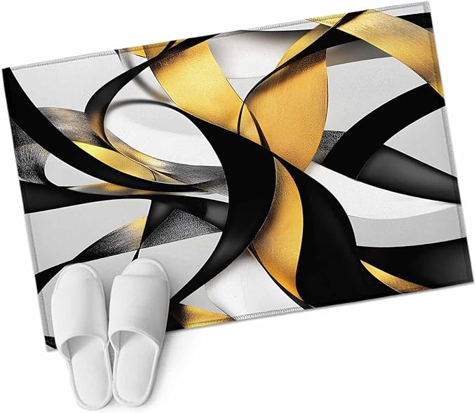 Area Rug 2x3ft, Modern Geometric Stripe Texture Washable Rugs for Living Room Bedroom, Abstract Gold Black White Line Soft Non-Slip Area Rugs Rectangle Floor Carpet for Dining Room