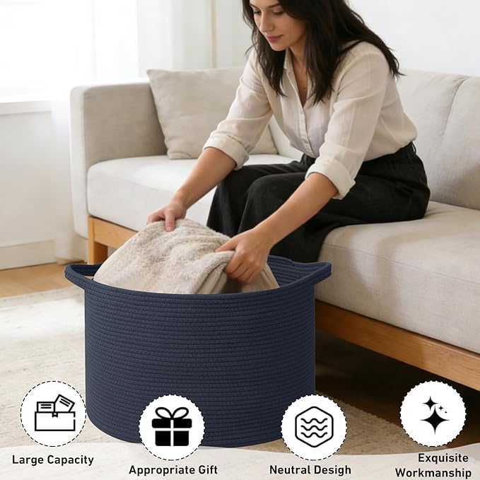 90L Extra Large Blanket Basket,Woven Rope Laundry Basket Hamper with Handles, Decorative Nursery Basket Storage Bin for Toys, Clothes Organizer, Living Room, Bedroom, Bathroom, Dark Blue