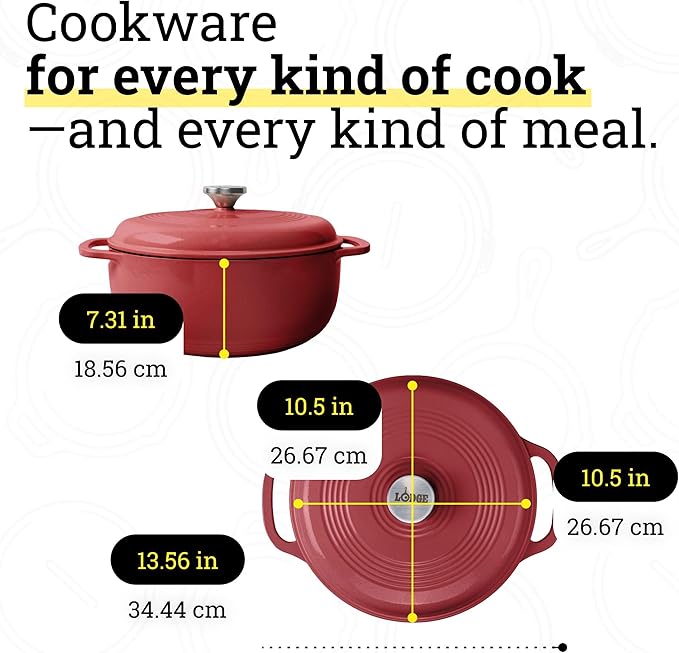 Lodge Essential Enamel Cast Iron Dutch Oven - Perfect for Bread Baking, Braising, Marinating & Slow Cooking - Features Moisture-Sealing Lid & Dual Handles - Kitchen Essentials - 6 Quarts - Cranberry