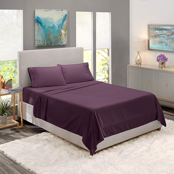 Lamma Loe Silky Soft Luxurious Supreme Microfiber 4-Piece Sheet Set with Embroidered Pillow Cases, Full, Eggplant Purple