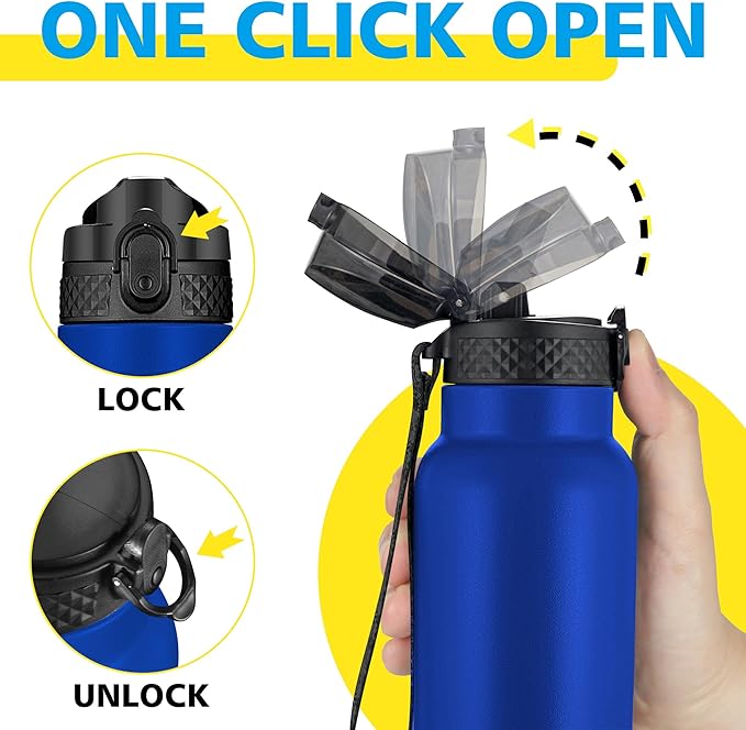 Han's Bottle Sports Water Bottle - 24 Oz, Straw Lid, Leak Proof, Vacuum Insulated Stainless Steel, Double Walled, Thermo Mug,Klein Blue