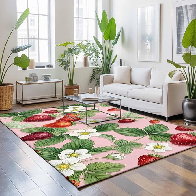 Area Rug 9x12ft, Summer Strawberry Bush on Pink Washable Rugs for Living Room Bedroom Rectangle Floor Carpet, Forest Green Foliage Soft Non-Slip Area Rugs for Dining Room