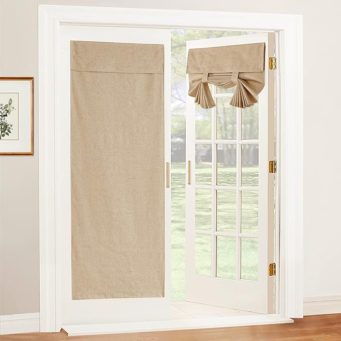 RYB HOME 100% Blackout Tricia Door Curtains, Linen Textured Blend Thermal Insulating Privacy French Door Window Tie Up Shades Sidelight Curtains for Kitchen, W 26 x L 72 inches, Camel, 1 Panel