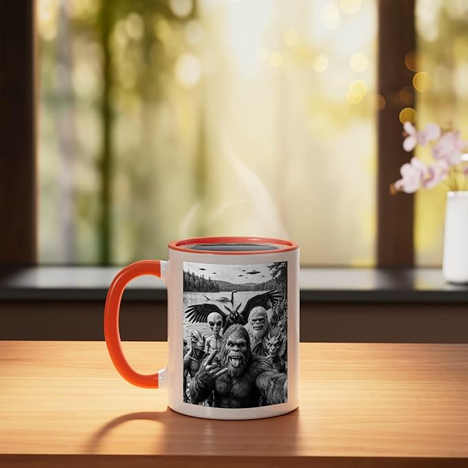 Bigfoot Alien Loch Ness Monster UFO Cryptids Selfie Ceramic Mug, Orange/White