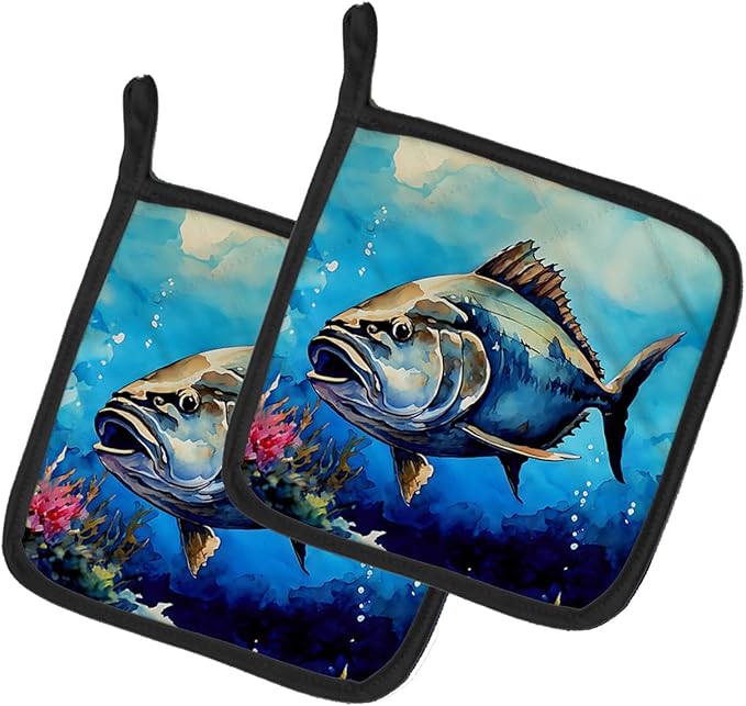 Caroline's Treasures Bluefin Tuna Pair of Pot Holders Kitchen Heat Resistant Pot Holders Sets Oven Hot Pads for Cooking Baking BBQ, 7 1/2 x 7 1/2