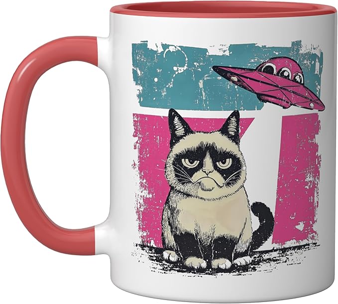 Retro UFO Ragdoll Cat Alien Sci Fi Space Funny Ceramic Mug, Red/White