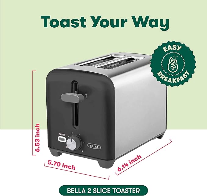 bella 2 Slice Toaster, Quick & Even Results Every Time, Wide Slots Fit Any Size Bread Like Bagels or Texas Toast, Drop-Down Crumb Tray for Easy Clean Up, Stainless Steel and Black