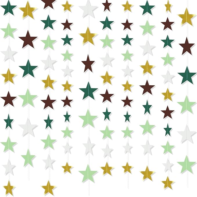 Patelai 130 Feet Glitter Star Garland Banner 2026 Party Decoration Double Side Star Hanging String Streamer Paper Twinkle for Graduation Wedding Birthday (White,Light/Dark Green,Brown,Gold)