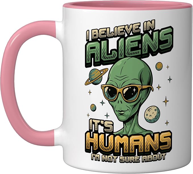 Alien Believer UFO Extraterrestrial Space Lover Ceramic Mug, Pink/White