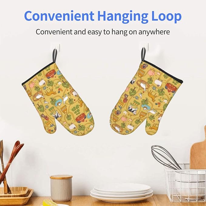 Farm Animals Design Oven Mitts of 2-Pack Set, Funny Kitchen Gloves Heat Resistant Non-Slip Kitchen Mitts Safe Cooking Baking Grilling