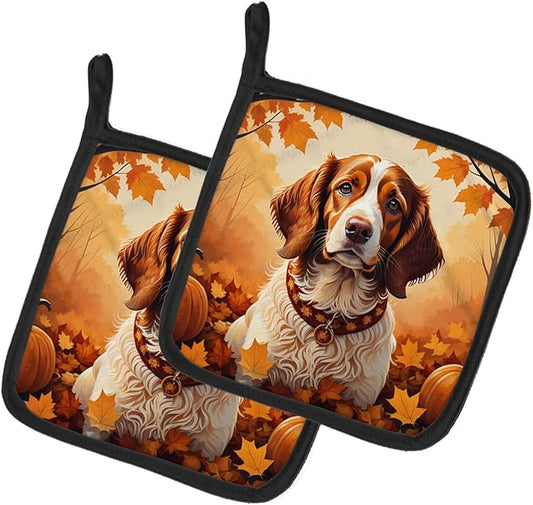 Caroline's Treasures DAC1029PTHD Brittany Spaniel Fall Pair of Pot Holders Kitchen Heat Resistant Pot Holders Sets Oven Hot Pads for Cooking Baking BBQ, 7 1/2 x 7 1/2