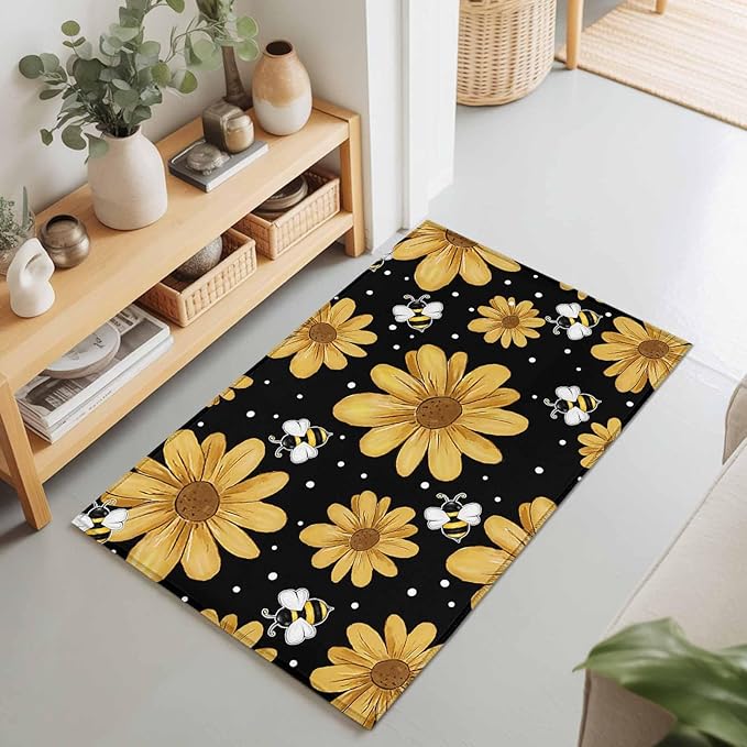 Area Rug 2x3ft, Summer Daisy Flower Bee on Black Washable Rugs for Living Room Bedroom, Spring Watercolor Floral Soft Non-Slip Area Rugs Rectangle Floor Carpet for Dining Room
