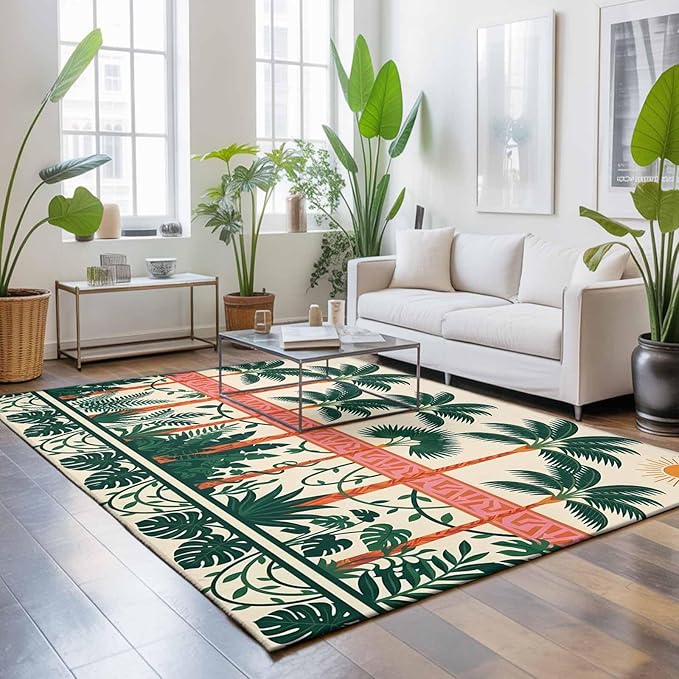 Area Rug 9x12ft, Vintage Sage Green Tall Palm Trees Washable Rugs for Living Room Bedroom Rectangle Floor Carpet, Summer Tropical Plants Soft Non-Slip Area Rugs for Dining Room