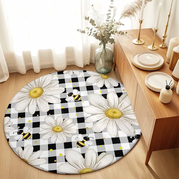 Washable Round Area Rug Farmhouse Blossom Flower Bee Circle Rugs Floor Carpet for Living Room Bedroom, Spring Daisy Black White Plaid Soft Non Slip Round Rug 5ft