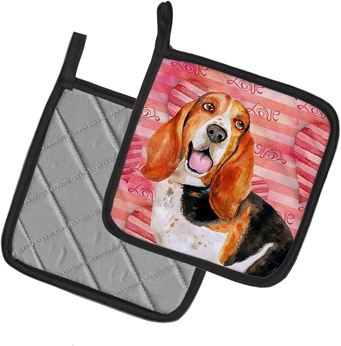 Caroline's Treasures BB9791PTHD Basset Hound Love Pair of Pot Holders, Red Kitchen Heat Resistant Pot Holders Sets Oven Hot Pads for Cooking Baking BBQ, 7 1/2 x 7 1/2