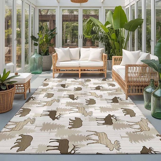 Area Rug 3x5ft, Animal Moose Bears Washable Rugs for Living Room Bedroom, Retro Rustic Pine Trees Soft Non-Slip Area Rugs Rectangle Floor Carpet for Dining Room