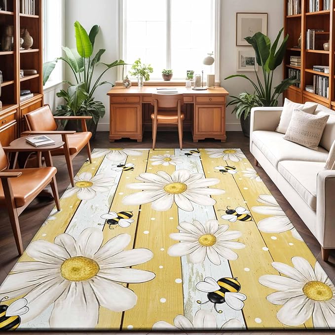 Area Rug 8x10ft, Summer Rustic Daisy Flower Bee Washable Rugs for Living Room Bedroom, Blossom Floral Yellow Wooden Soft Non-Slip Area Rugs Rectangle Floor Carpet for Dining Room