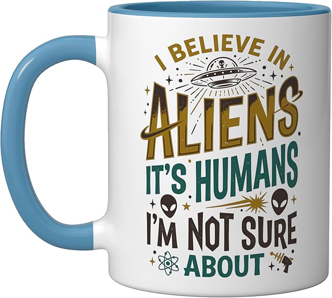 Alien Believer UFO Extraterrestrial Space Lover Ceramic Mug, Blue/White