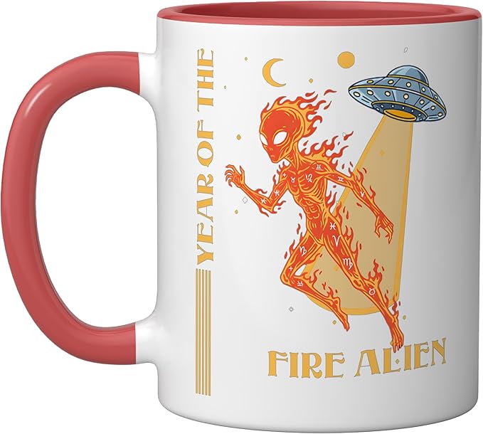 Year of the Fire Alien Chinese Zodiac Celestial Astrology Ceramic Mug, Red/White