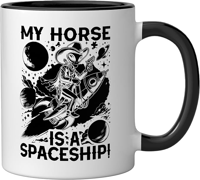 Alien Lover Flying Saucer UFO Extraterrestrial Cowboy Ceramic Mug, Black/White