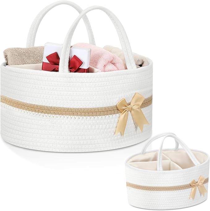 Yinkin 1 Pcs Extra Large Cotton Rope Storage Basket with Handles and Removable Divider Woven Gift Baskets with Bow for Closet Bedroom Nursery Toys Organizing, 14.17 x 8.66 x 7.09 Inch(White and Brown)