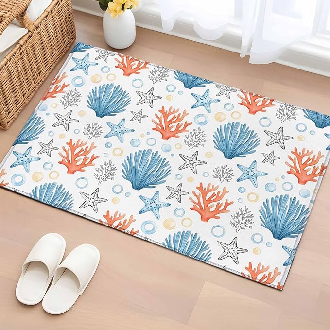 Area Rug 2x3ft, Coastal Starfish Shell Coral Washable Rugs for Living Room Bedroom, Ocean Bubble Blue Black Orange Soft Non-Slip Area Rugs Rectangle Floor Carpet for Dining Room