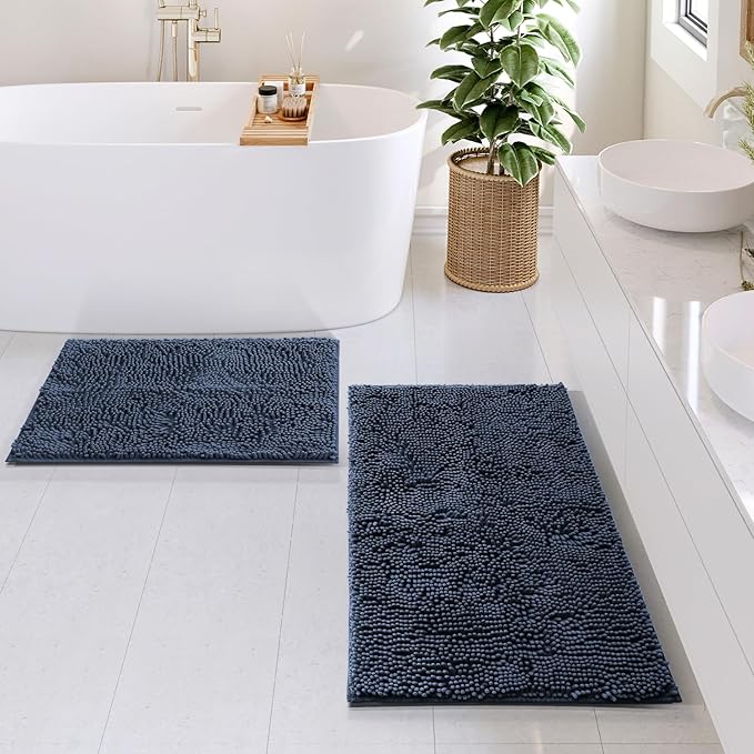 Clara Clark Navy Blue Shower Curtain Set with Rugs - Bathroom Sets with Shower Curtain and Rugs, Fabric Shower Curtains and 2 Bath Mats, Modern Bathroom Shower and Curtain Sets for Tub Or Stall