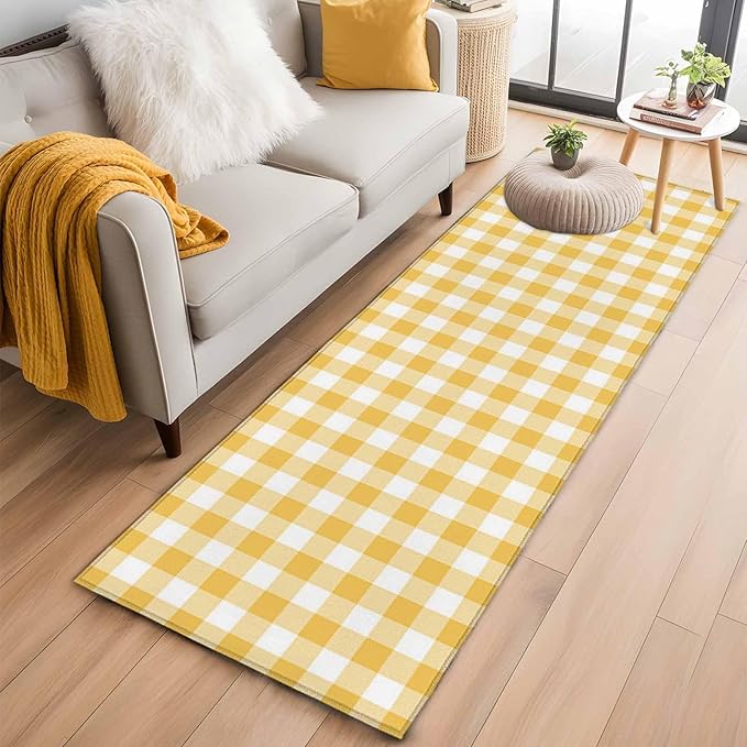 Runner Rug for Bedroom Hallway, Rustic Country Yellow and White Buffalo Lattice Checked Kitchen Runner Rugs Area Rug 2x6ft, Farm Style Washable Soft Floor Carpet for Entryway Stair