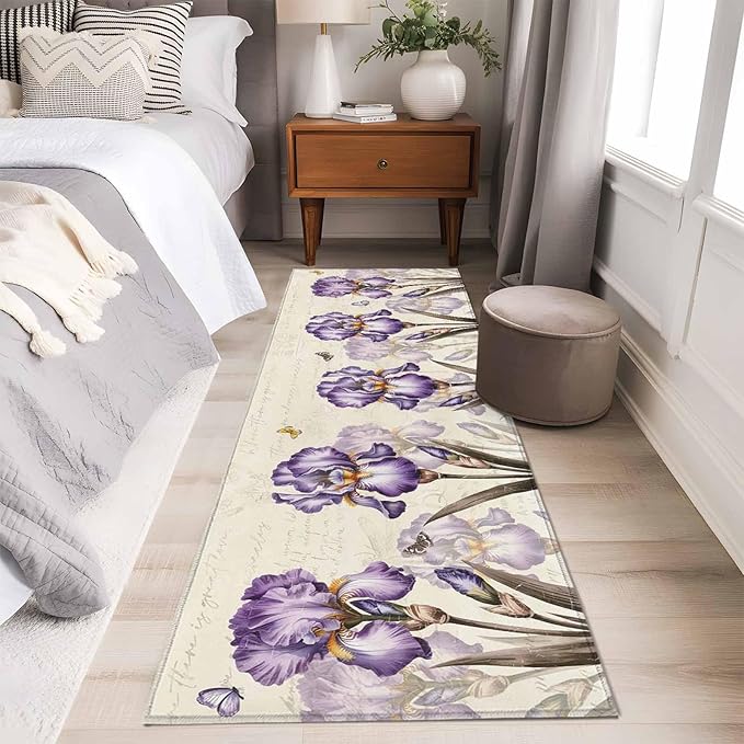 Runner Rug for Bedroom Hallway, Pastoral Purple Flower Watercolor Kitchen Runner Rugs Area Rug 2x6ft, Country Botanical Butterflies Washable Soft Floor Carpet for Entryway Stair