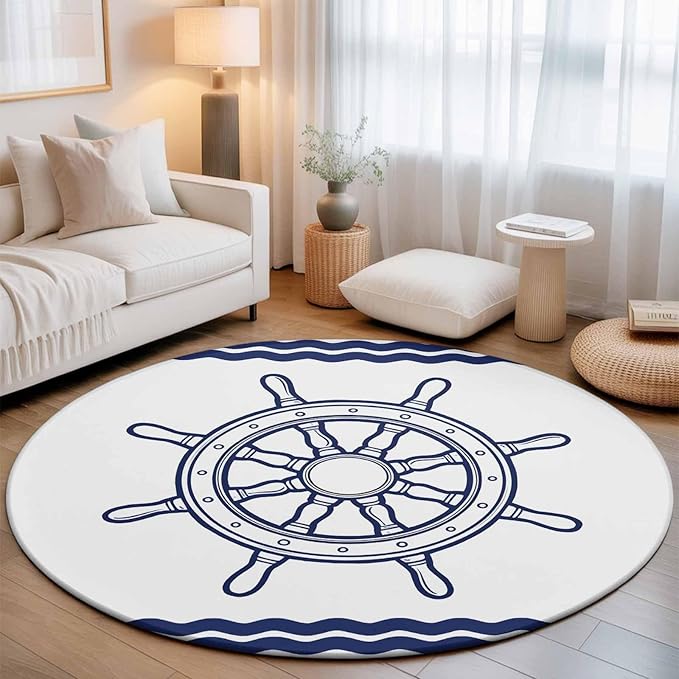 Washable Round Area Rug Summer Marine Nautical Ship Rudder Circle Rugs Floor Carpet for Living Room Bedroom, Ocean Theme Navy Blue White Soft Non Slip Round Rug 5ft