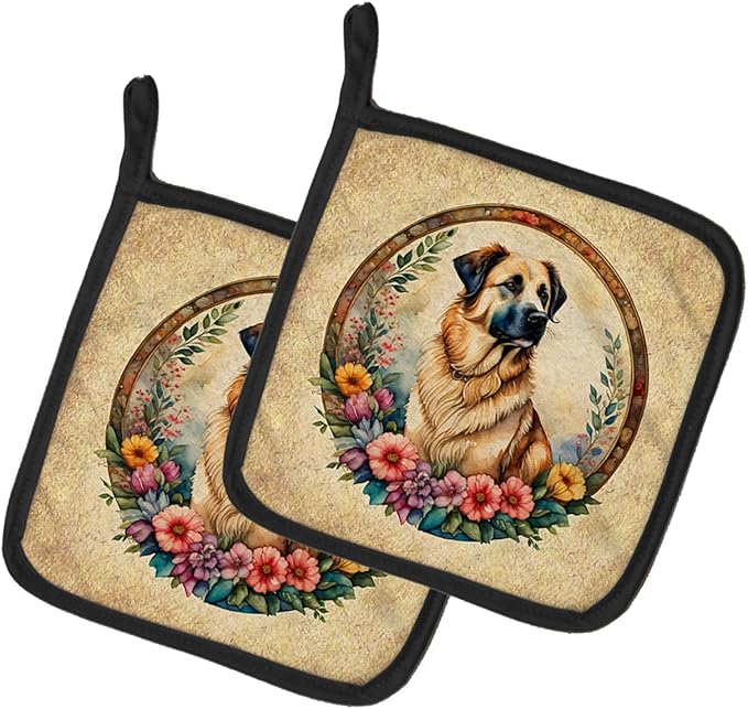 Caroline's Treasures Anatolian Shepherd Dog and Flowers Pair of Pot Holders Kitchen Heat Resistant Pot Holders Sets Oven Hot Pads for Cooking Baking BBQ, 7 1/2 x 7 1/2
