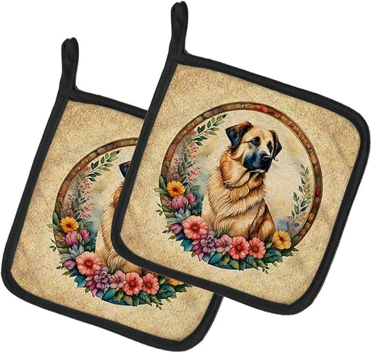 Caroline's Treasures Anatolian Shepherd Dog and Flowers Pair of Pot Holders Kitchen Heat Resistant Pot Holders Sets Oven Hot Pads for Cooking Baking BBQ, 7 1/2 x 7 1/2