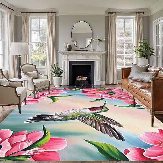 Area Rug 6x9ft, Hummingbird Flower Peach Blossom Washable Rugs for Living Room Bedroom, Nature Oil Painting Art Soft Non-Slip Area Rugs Rectangle Floor Carpet for Dining Room