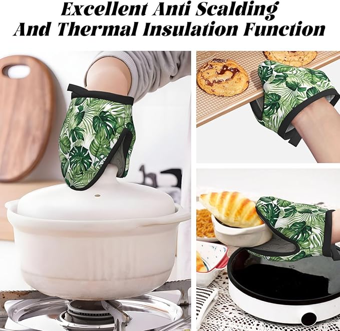 1 Pcs Mini Silicone Oven Mitts Tropical Leaf Heat Resistant Grilling Gloves with Hanging Loop, Green Leaves Little Kitchen Mittens for Cooking Baking BBQ